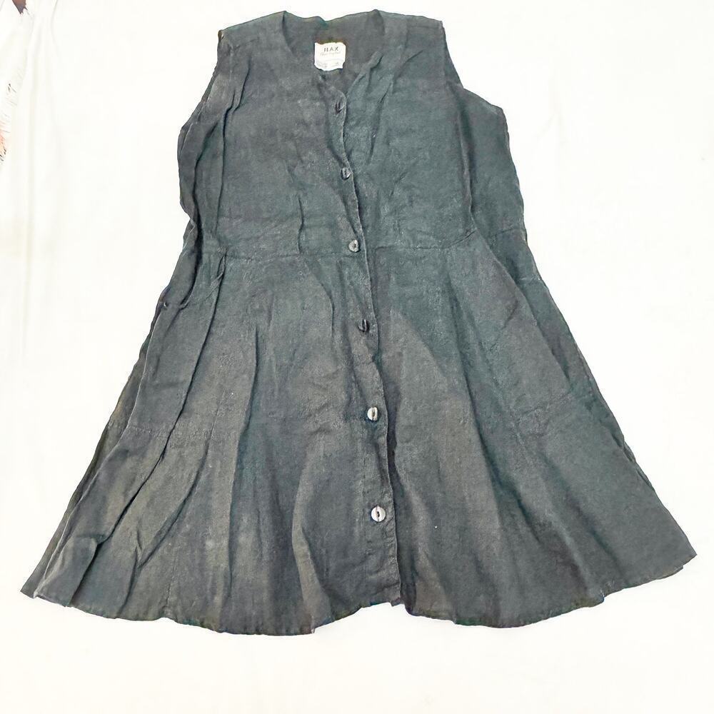 Flax 100% Linen Black Sleeveless A Line Loose Fitting Dress Pockets Size M